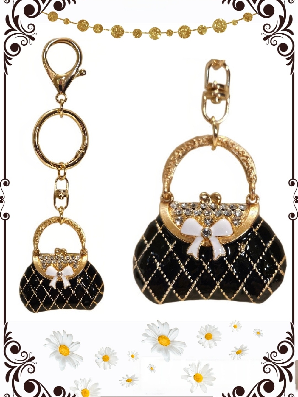Gold Tone & Black Quilted-Look Purse Charm Keychain - Elegant Bag Charm